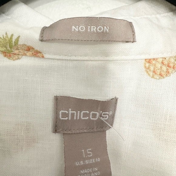 Chicos Linen Top Womens non iron White Pineapple Print Roll Tab Sleeve size 10 - Picture 2 of 4